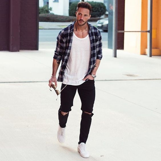 12-black-ripped-denim-a-white-tee-a-plaid-shirt-and-white-sneakers